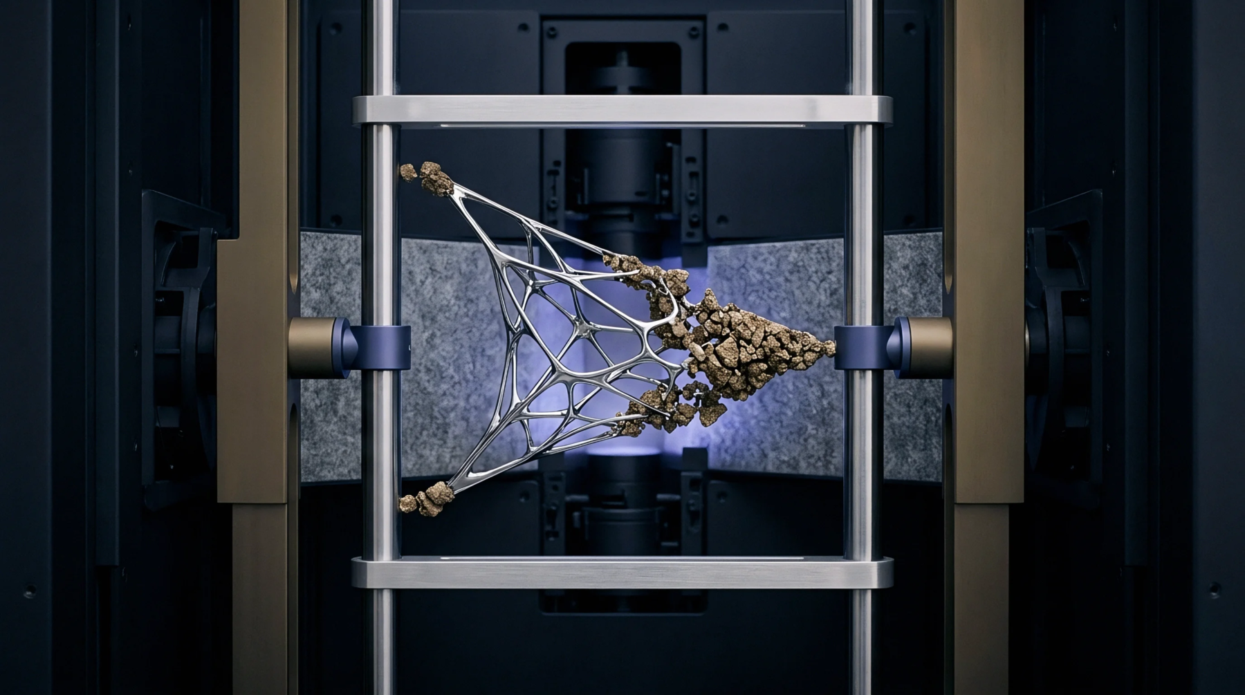 A digital render shows a mechanical testing apparatus crushing a metallic truss framework filled with rocky mineral particles within a dark enclosure.