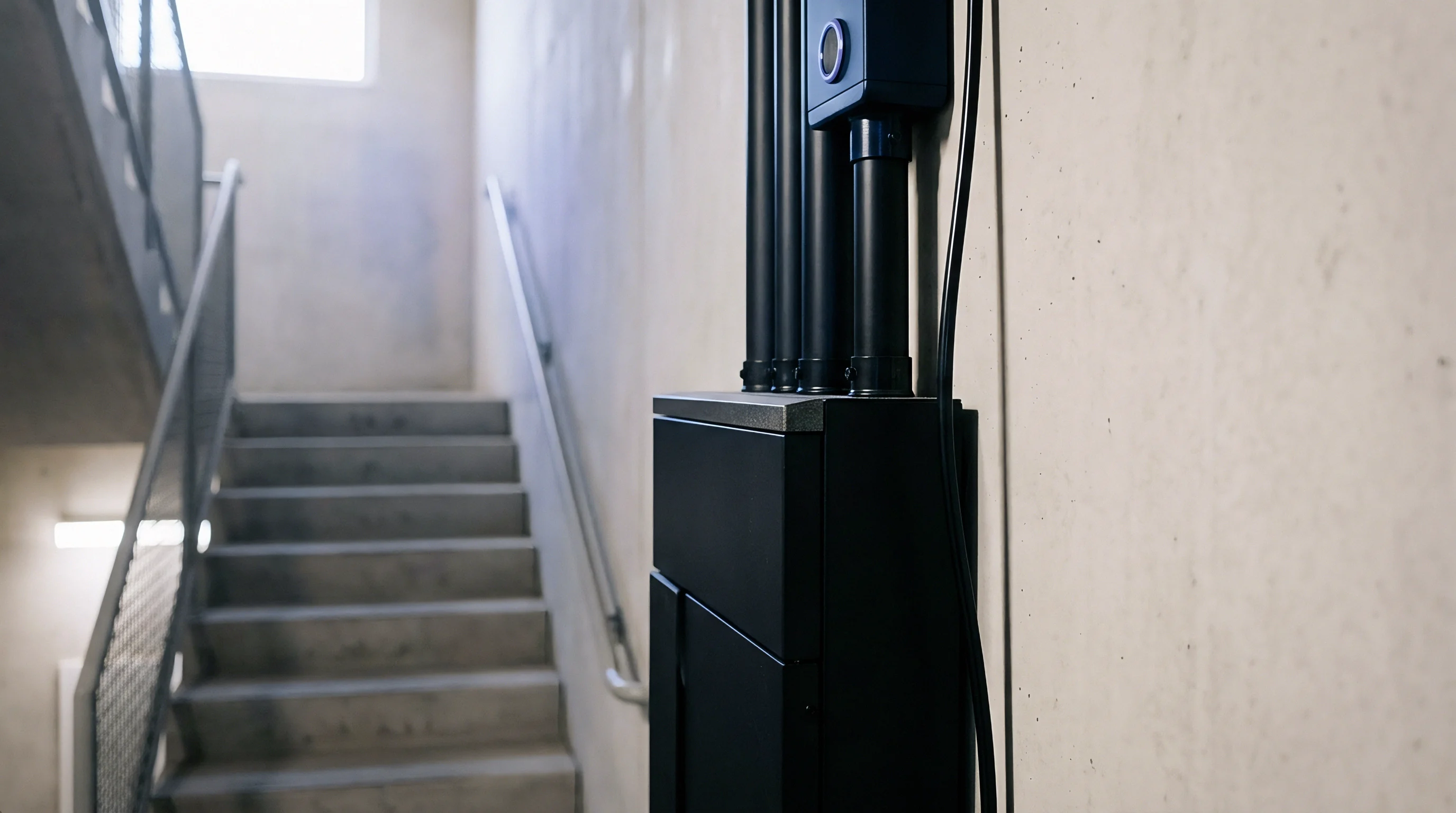 A black metal energy storage enclosure is mounted on a bare concrete wall beside a concrete stairwell.