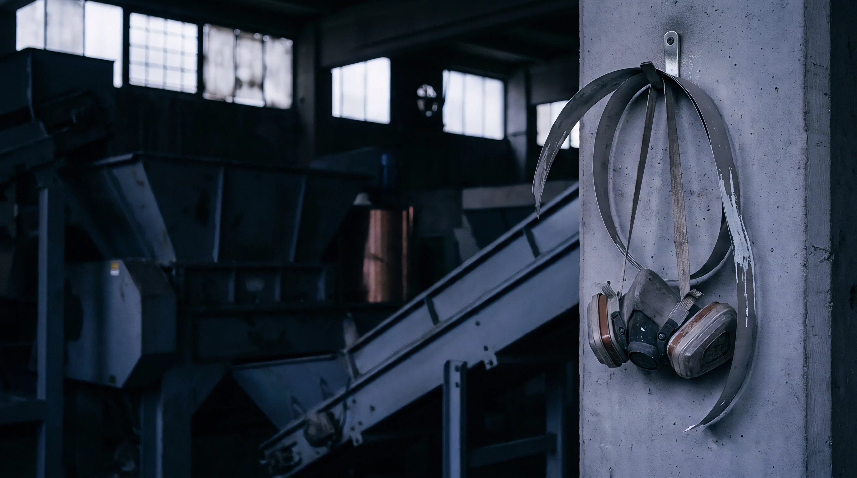 Dual cartridge respirator hangs from a metal strap on a concrete pillar inside a heavy industrial manufacturing facility.