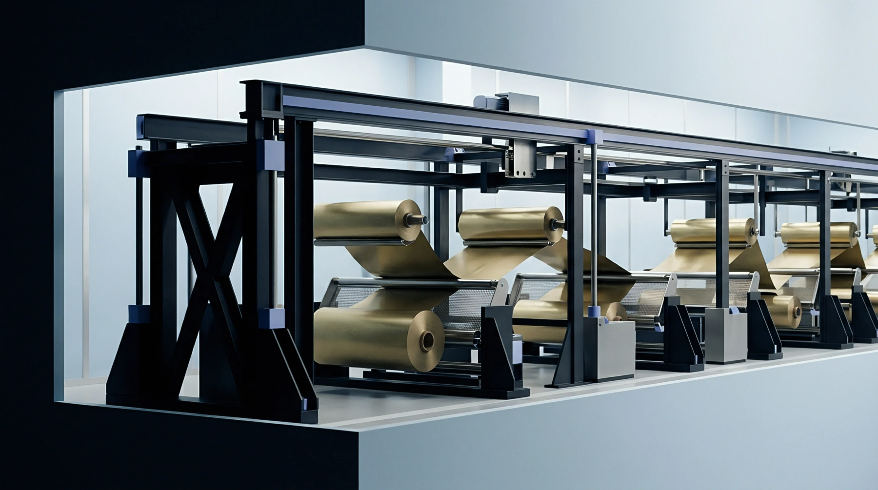 Precision industrial machinery guides continuous metallic foil webs across rotating rollers inside a brightly lit battery manufacturing facility.
