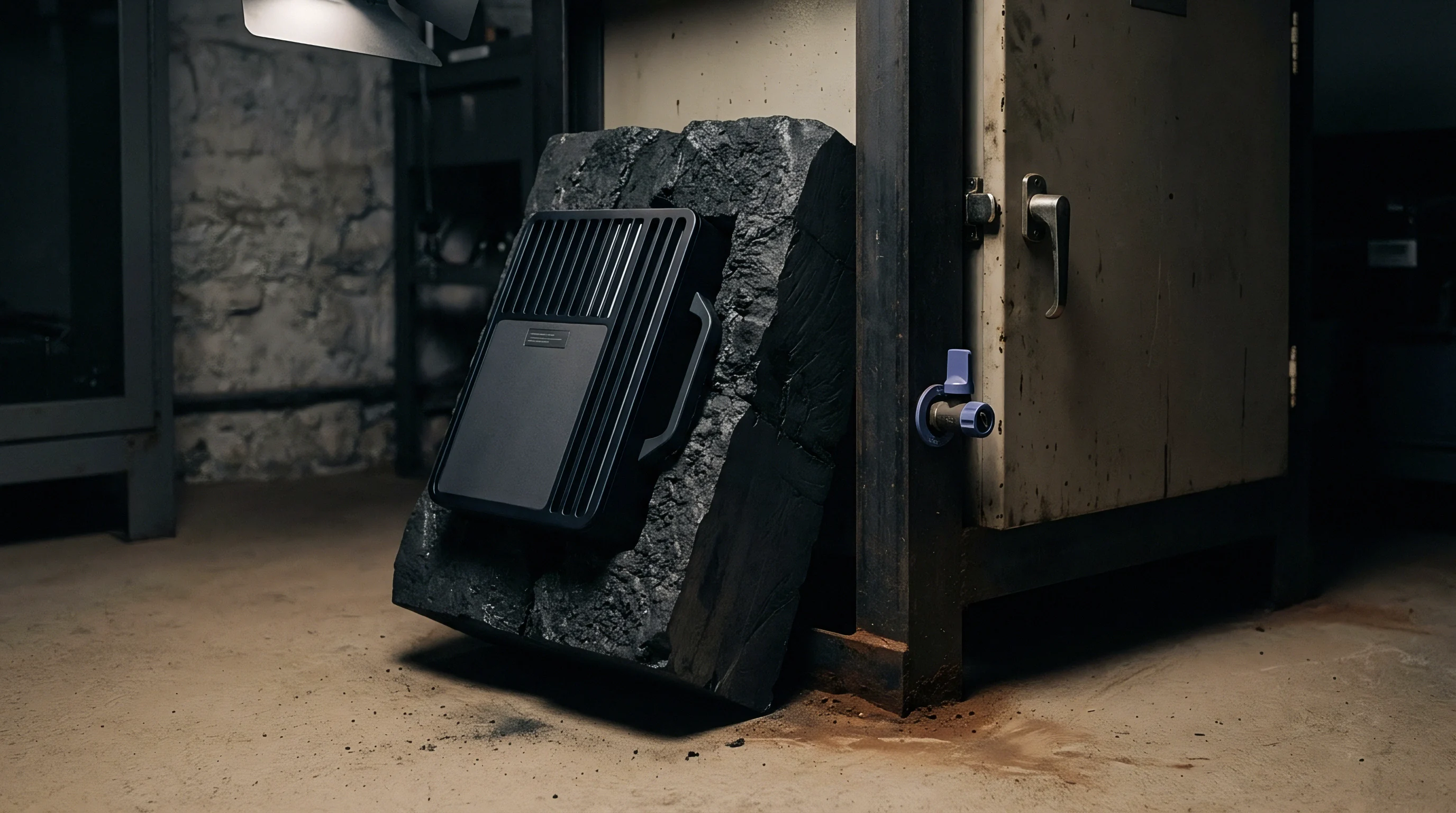 A black reinforced battery enclosure rests against a dark textured mineral slab inside a raw concrete utility basement.