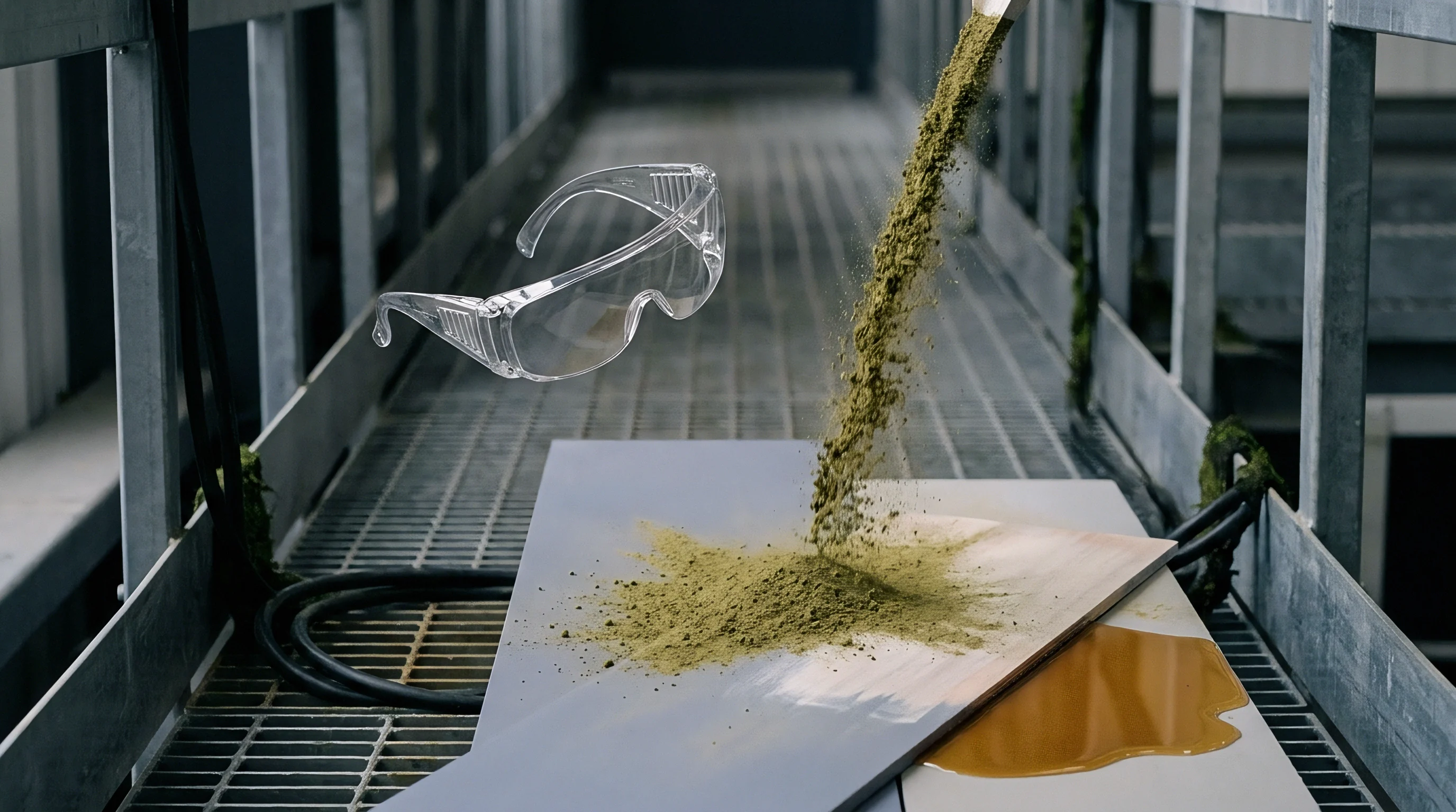 Protective eyewear floats near a stream of fine precursor powder falling onto a workbench inside an industrial battery production plant.