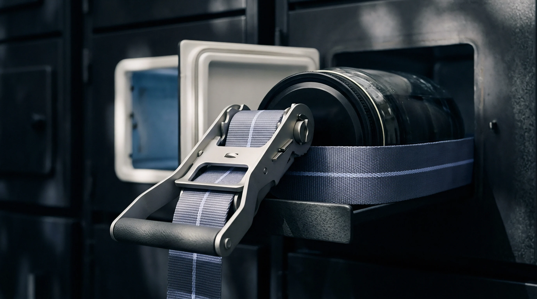 A cylindrical energy storage cell is secured by a woven polymer restraint strap inside a metallic storage compartment drawer.