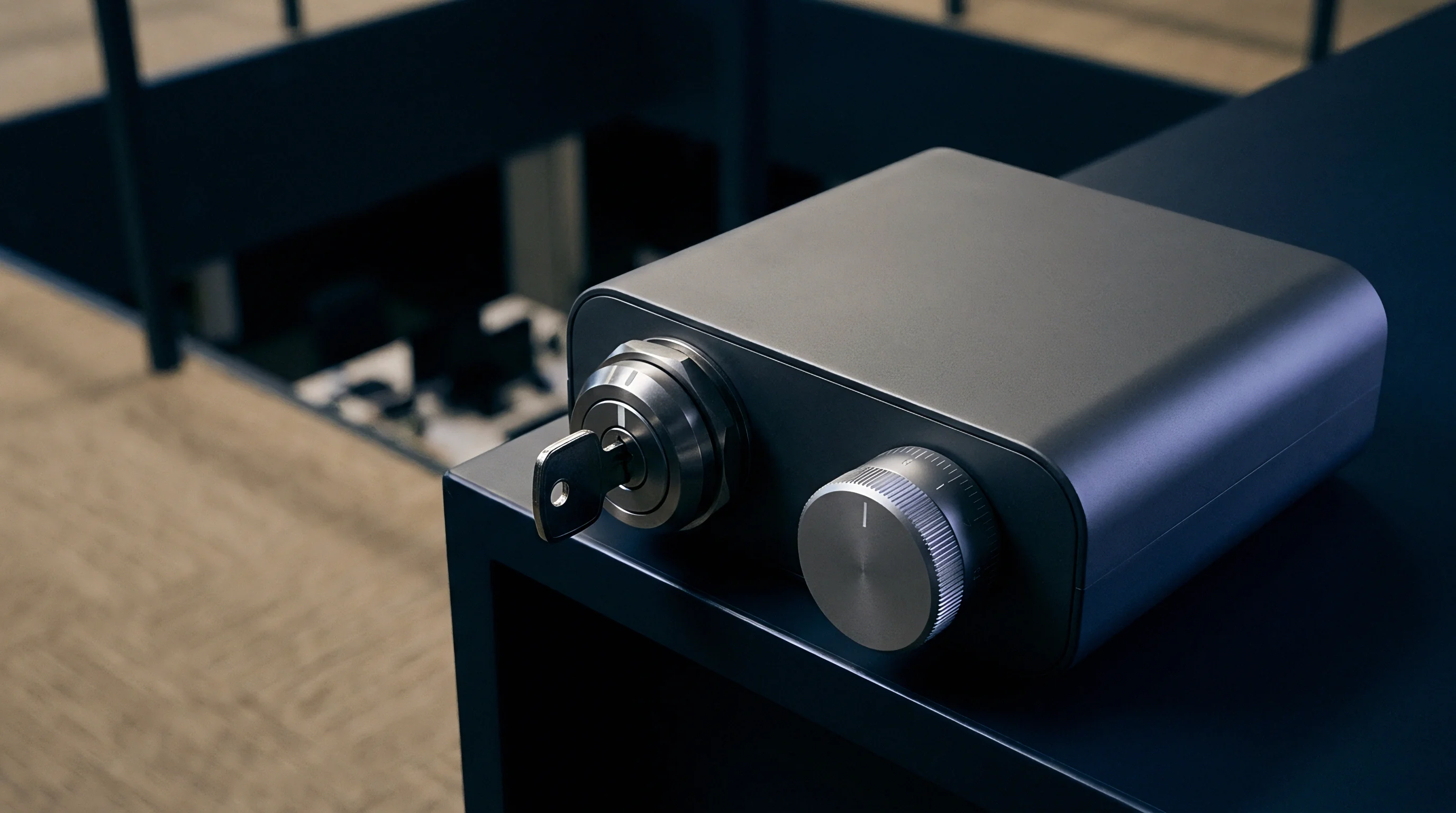 A dark metallic power management module featuring a keyed security switch and rotary control dial rests on an industrial console surface.