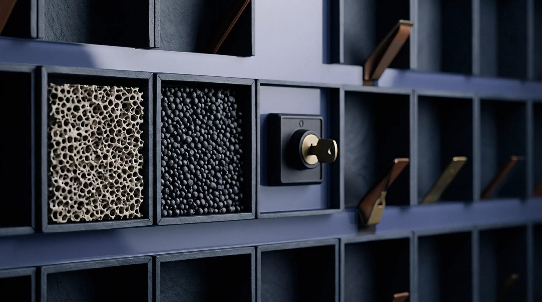 Modular industrial wall grids feature samples of porous battery material and granular anode active particles alongside a central locking mechanism.