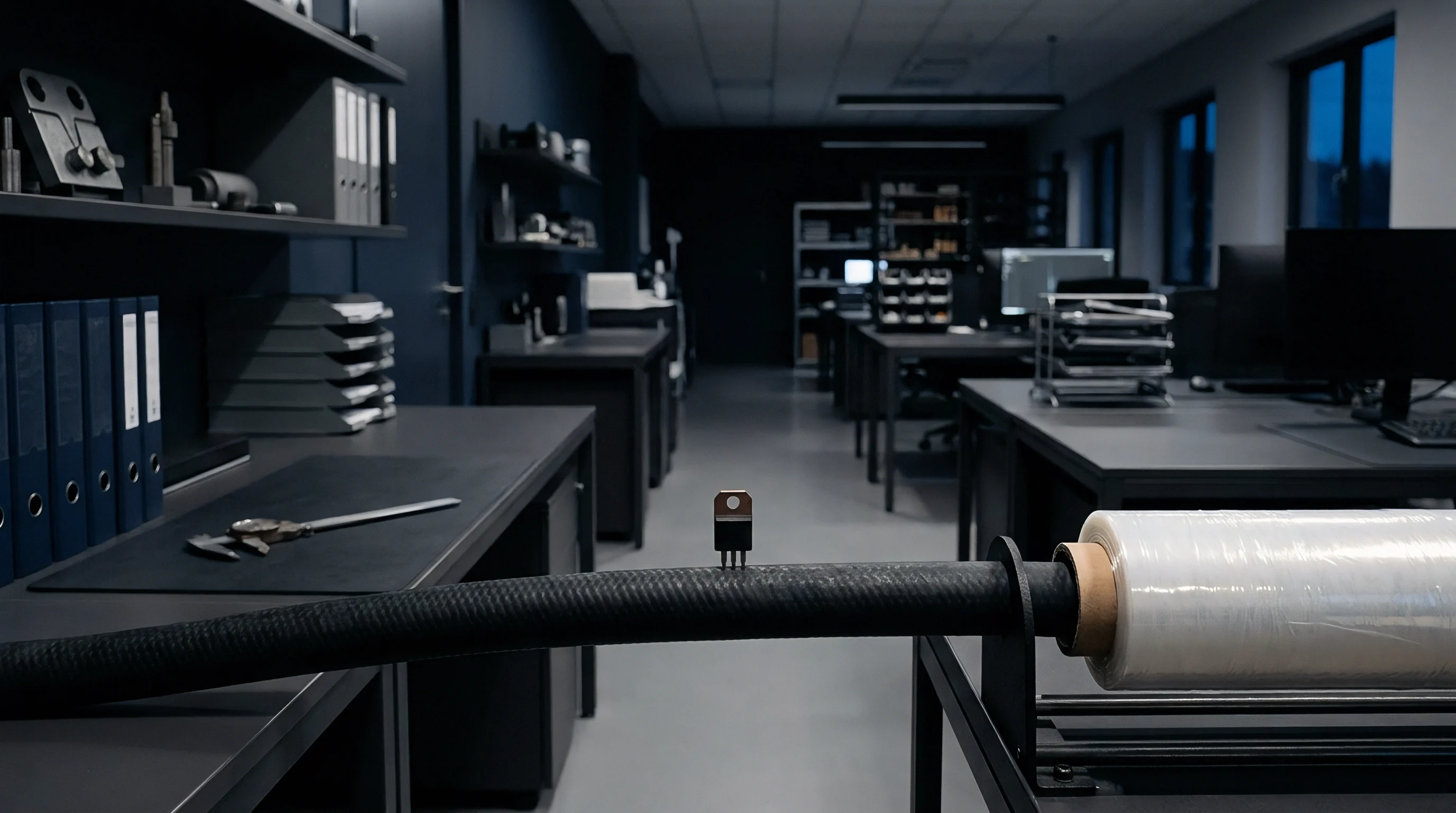 An electronic component rests on a reinforced cable beside packaging film inside a dimly lit industrial research and development laboratory.
