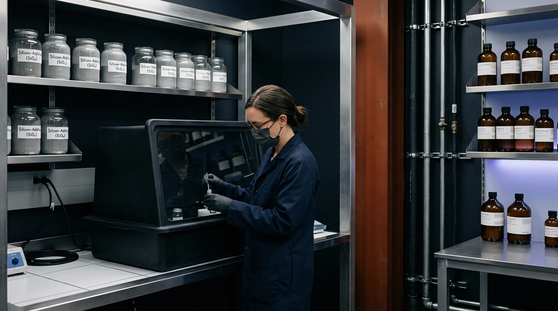 A gloved technician handles silicon powder precursors inside a containment hood within a battery materials research facility.