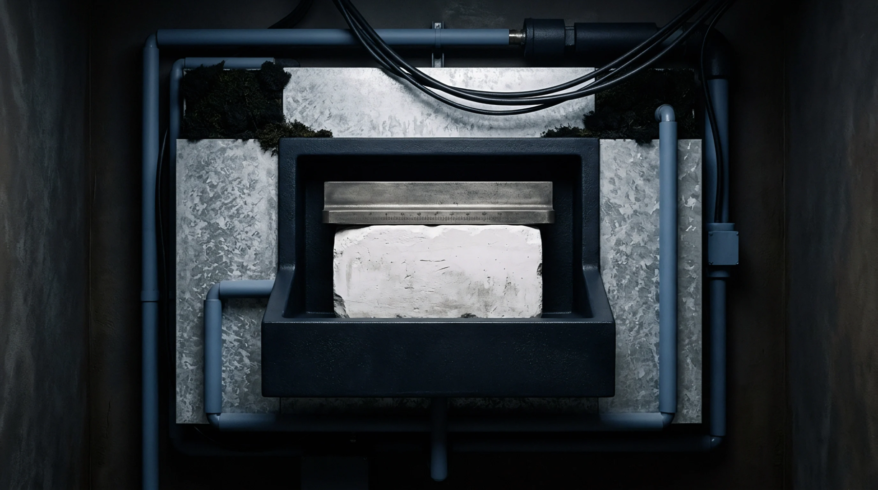 A white ceramic solid electrolyte block rests centrally inside a black industrial fixture mounted on galvanized steel plates within a battery manufacturing environment.