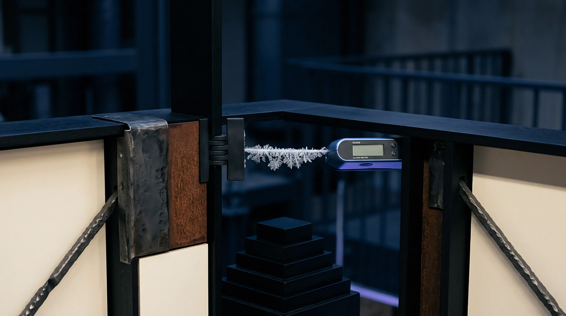 Metallic dendrites bridge electrical contacts inside a test fixture equipped with a digital measuring instrument under low temperatures.
