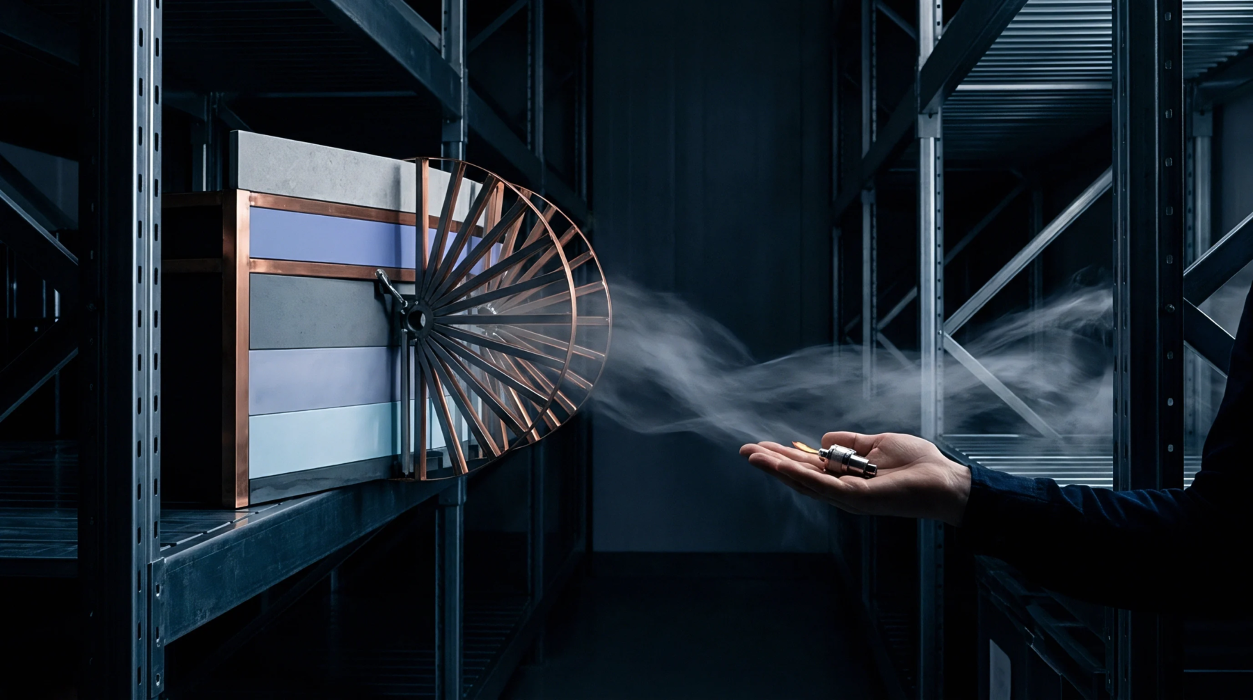 A digital render depicts a layered battery cell component mounted on an industrial shelving unit while vapor flows toward an open hand.