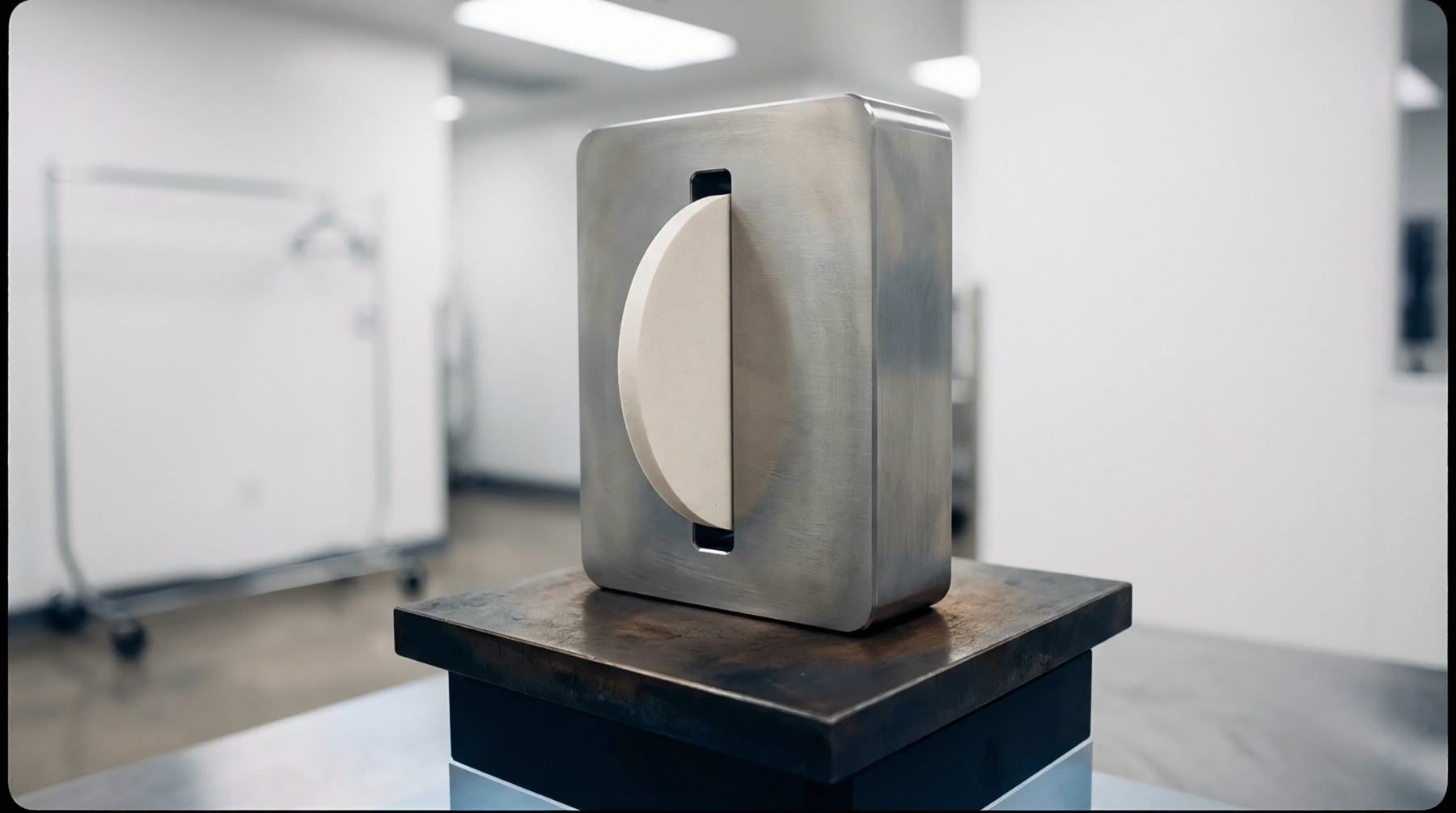 A metallic assembly housing a semicircular ceramic disk rests on a metal pedestal within a white laboratory room.