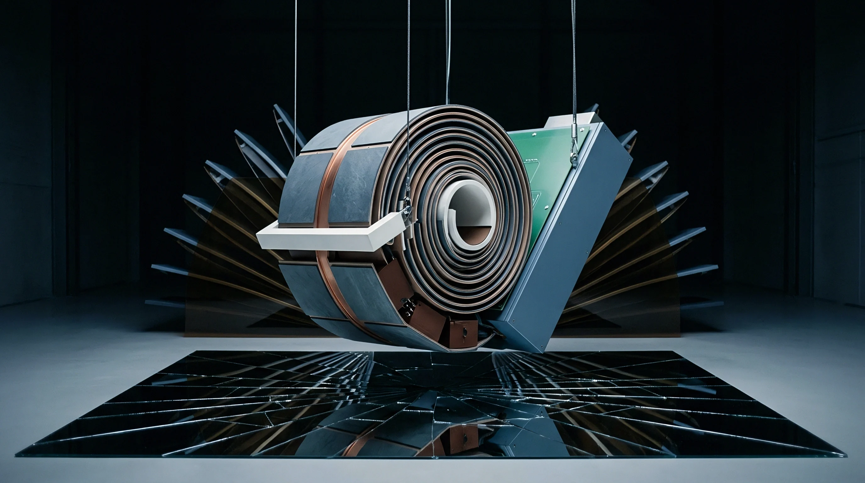 A digital render presents a spiral wound electrode assembly suspended by thin wires above a fractured dark reflective floor within a dark studio space.