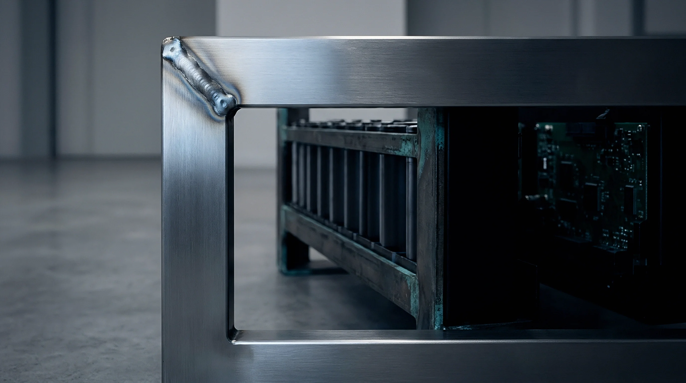 Brushed stainless steel framing encloses cylindrical battery cells and a green circuit board inside an industrial production facility.