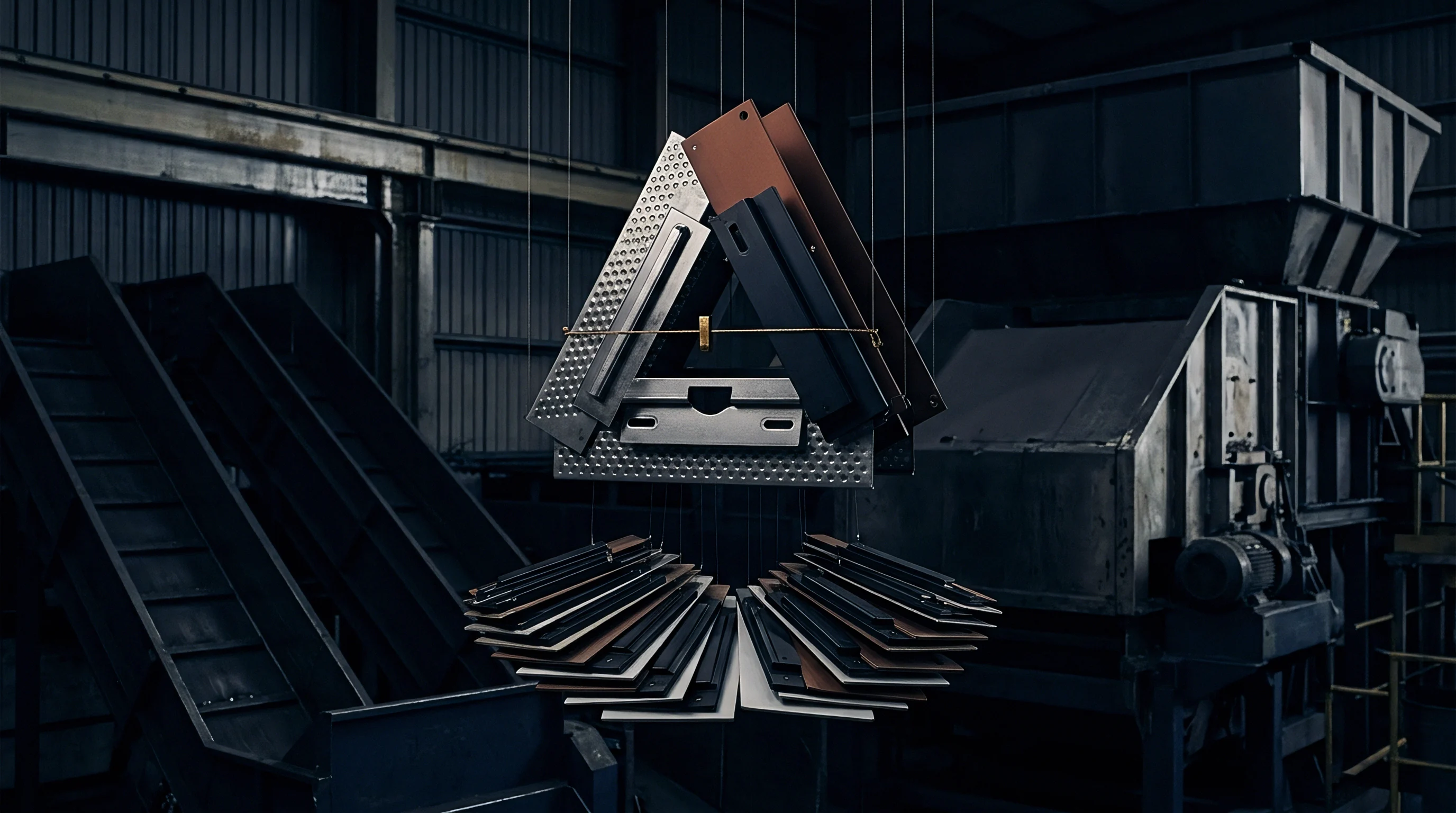 Suspended industrial metal sheets form a geometric optical illusion inside a dark factory floor surrounded by heavy recycling machinery.