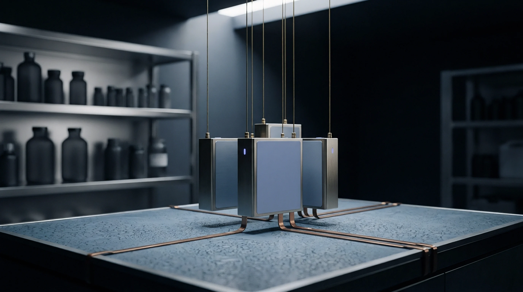 Digital illustration presents suspended metal battery modules linked via copper cabling over a testing bench within a dark laboratory.