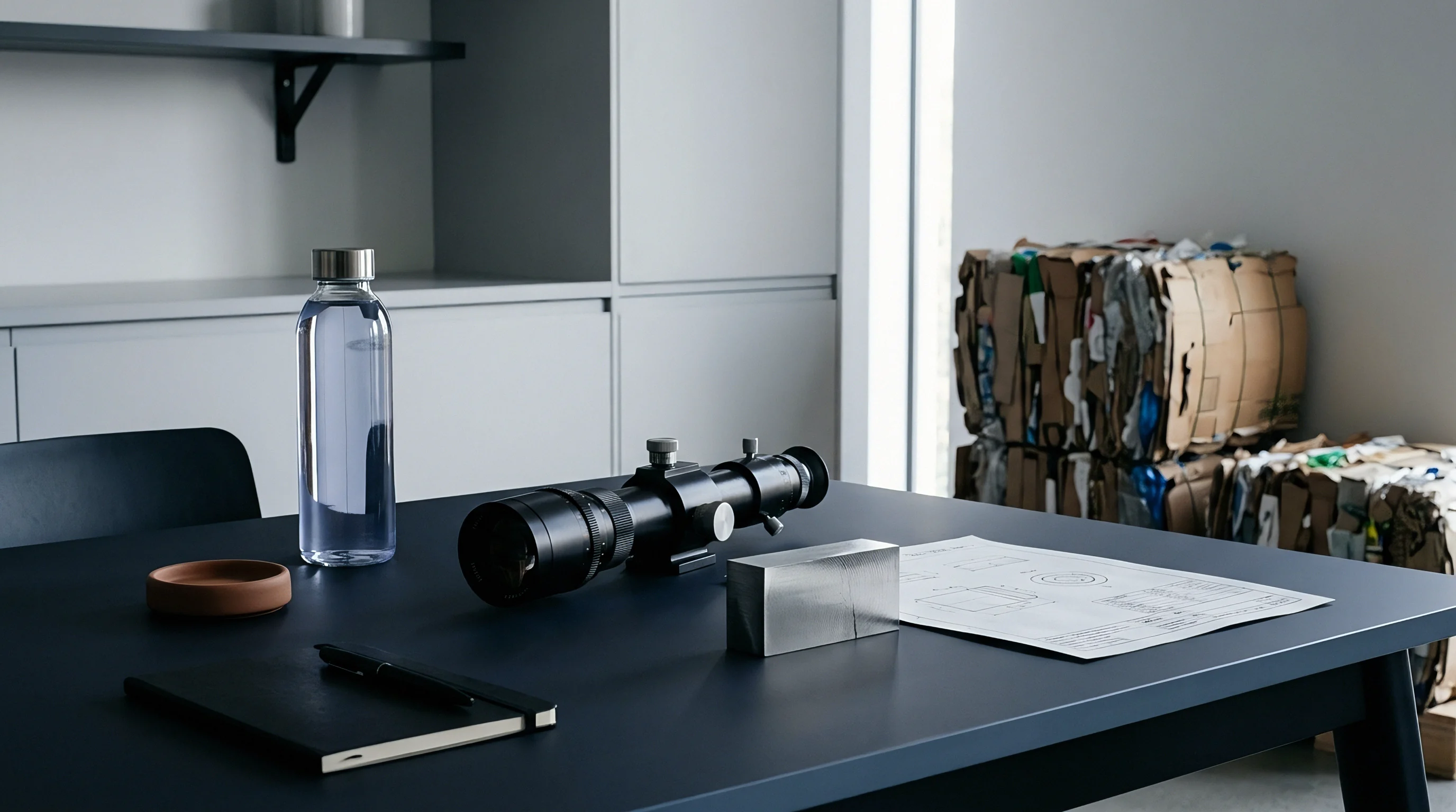A metal block, an optical measurement tool, and a technical schematic sit on a dark grey workbench alongside recycling bales.