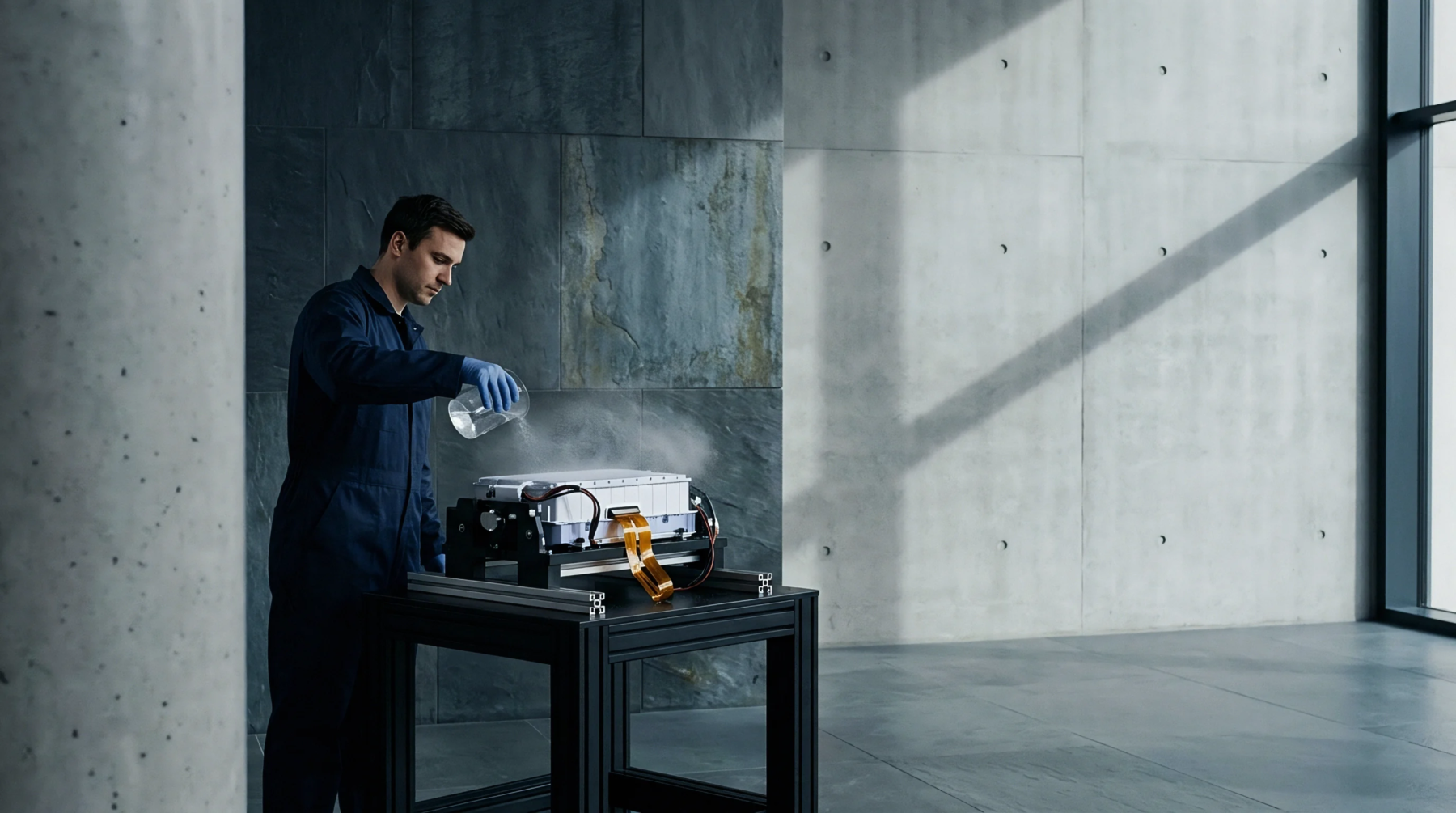 A technician in blue protective workwear pours liquid from a container onto a lithium battery module inside an industrial testing laboratory.