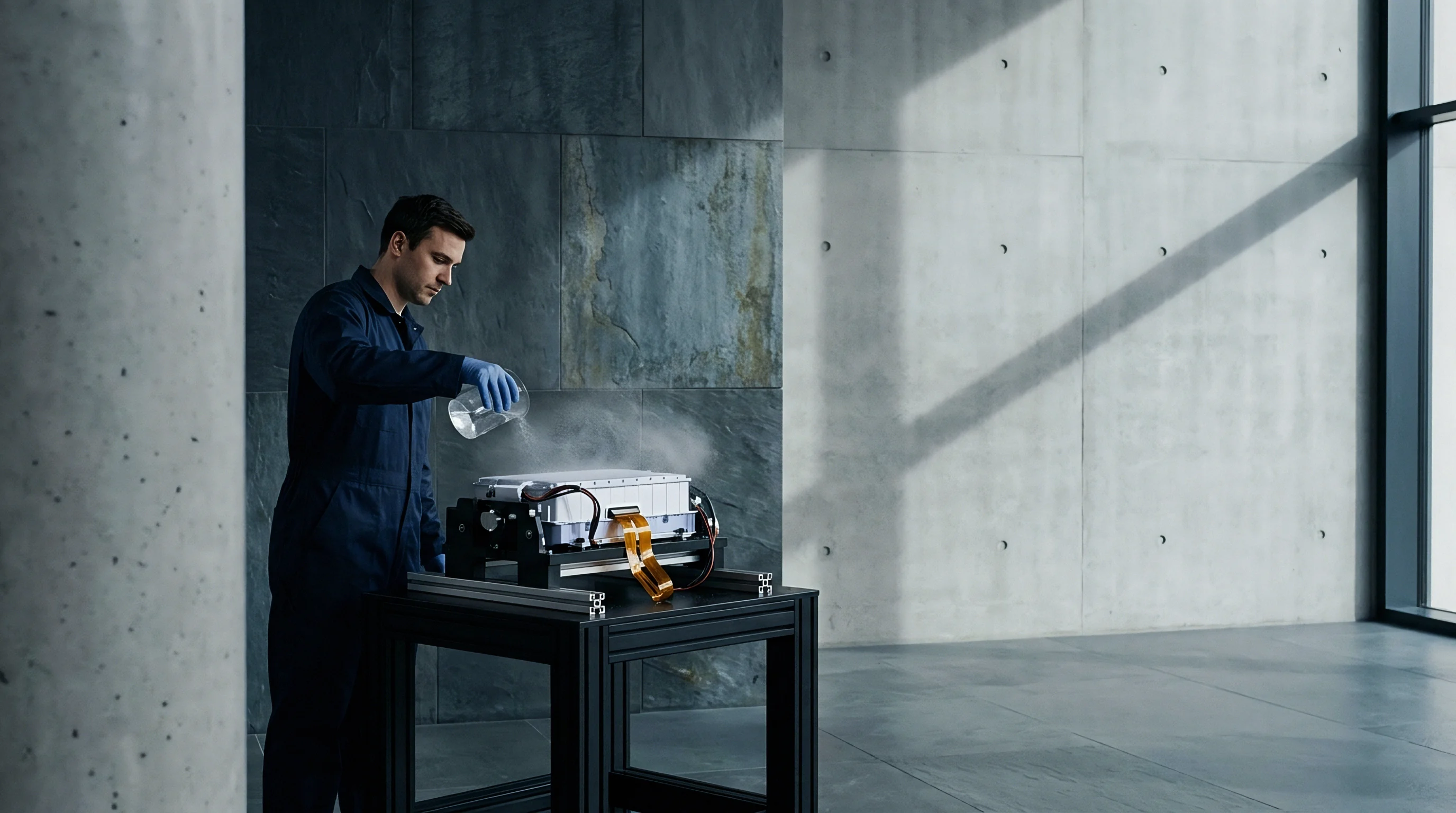 A technician in blue protective workwear pours liquid from a container onto a lithium battery module inside an industrial testing laboratory.