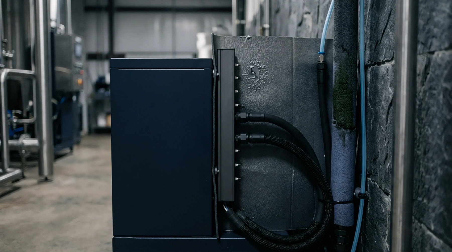 A dark metal industrial thermal distribution manifold with flexible fluid lines mounts to a stationary energy storage enclosure indoors.