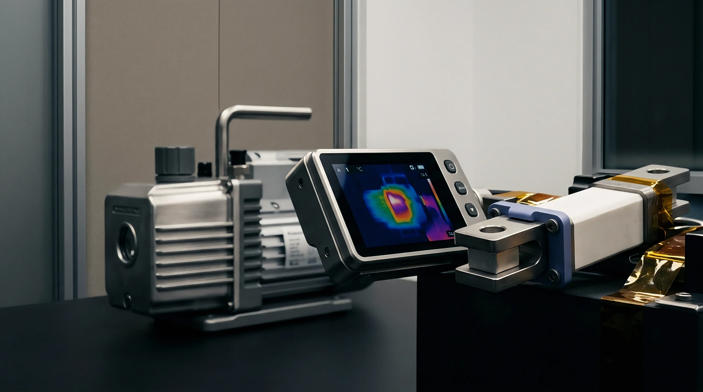 A portable thermal camera displays a heat map beside a metal vacuum pump and an insulated electrical component on a dark workbench.