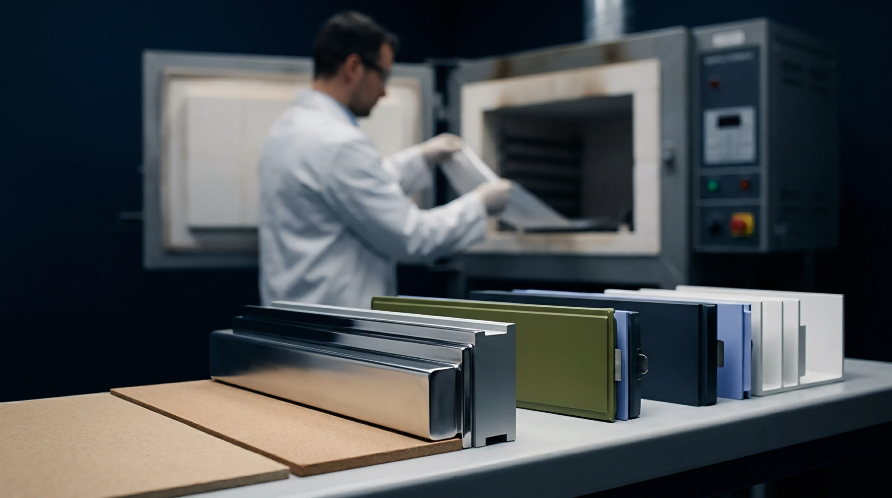 A technician inspects metal enclosures inside a thermal processing laboratory equipped with an industrial heating furnace and modular assembly samples.