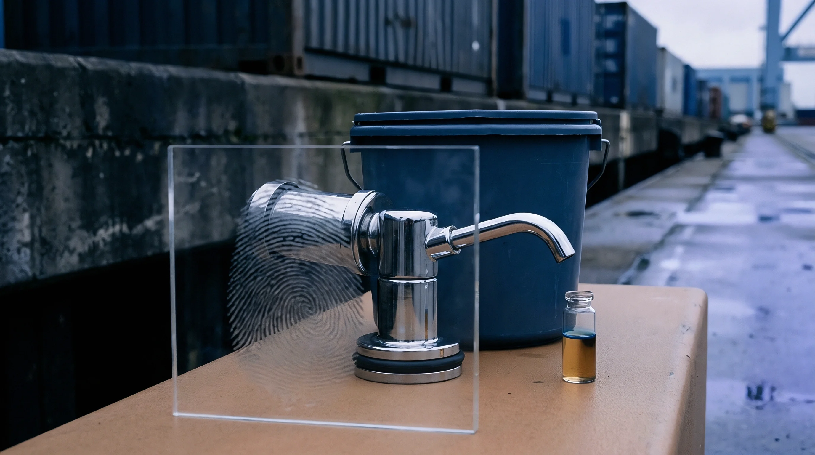 An illuminated fingerprint rests on a glass pane before an industrial chrome dispenser beside a sample vial on a metal tabletop.