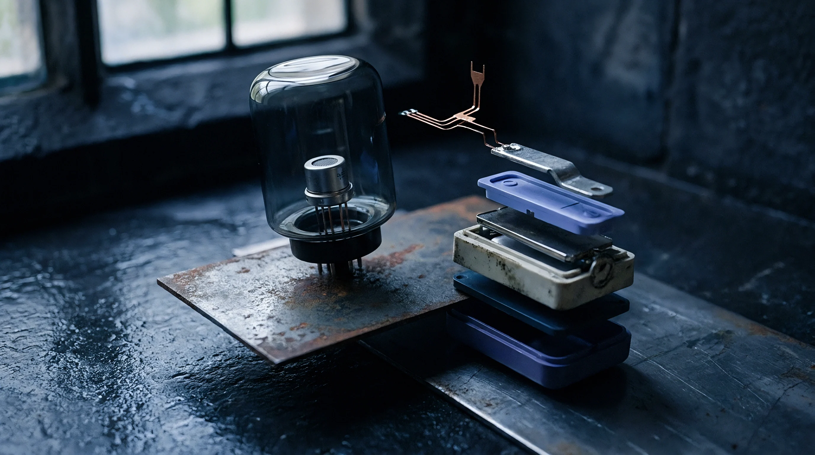 Intact glass vacuum tube and disassembled modular battery components rest on a weathered metal sheet near a window.